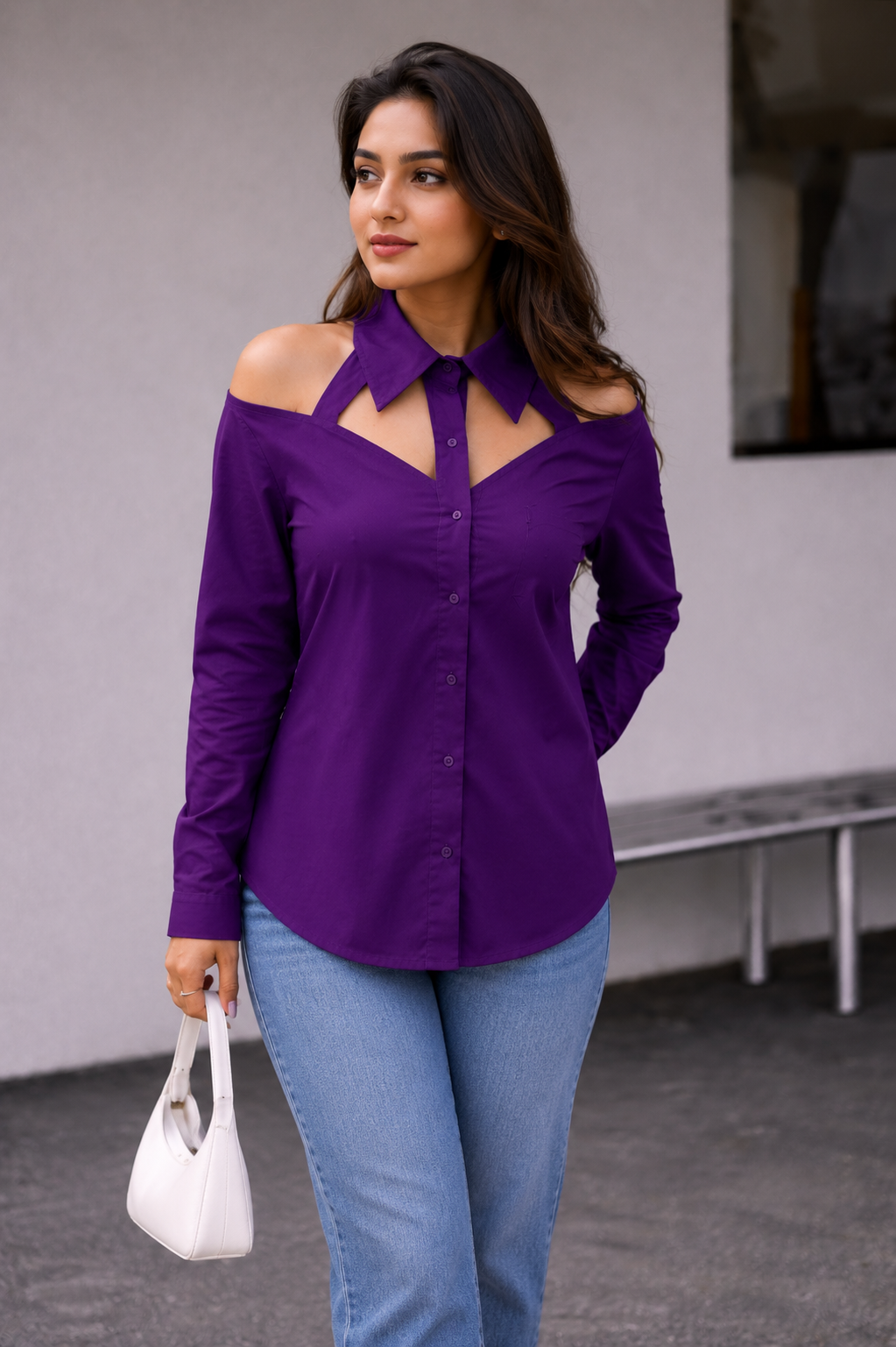 Women’s Purple Cut-Out Collar Shirt