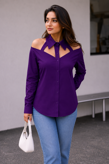 Women’s Purple Cut-Out Collar Shirt